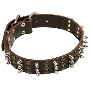 Dogue de Bordeaux Handmade Leather Collar 3  Studs and Spikes Rows