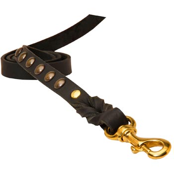 Leather Dog Leash Studded Equipped with Strong Brass Snap Hook for Dogue de Bordeaux